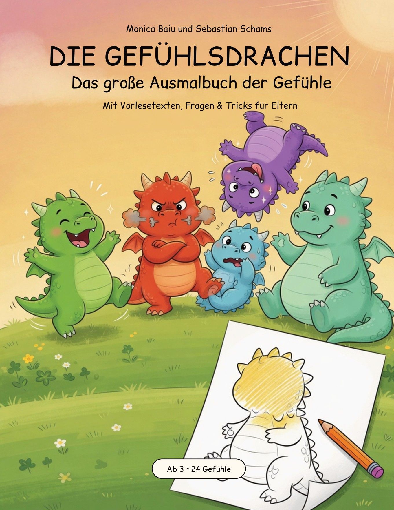 Cover von „Die Gefühlsdrachen“: fünf kleine Drachen auf einer Wiese, einer davon wütend mit Rauchwölkchen, einer kopfüber.