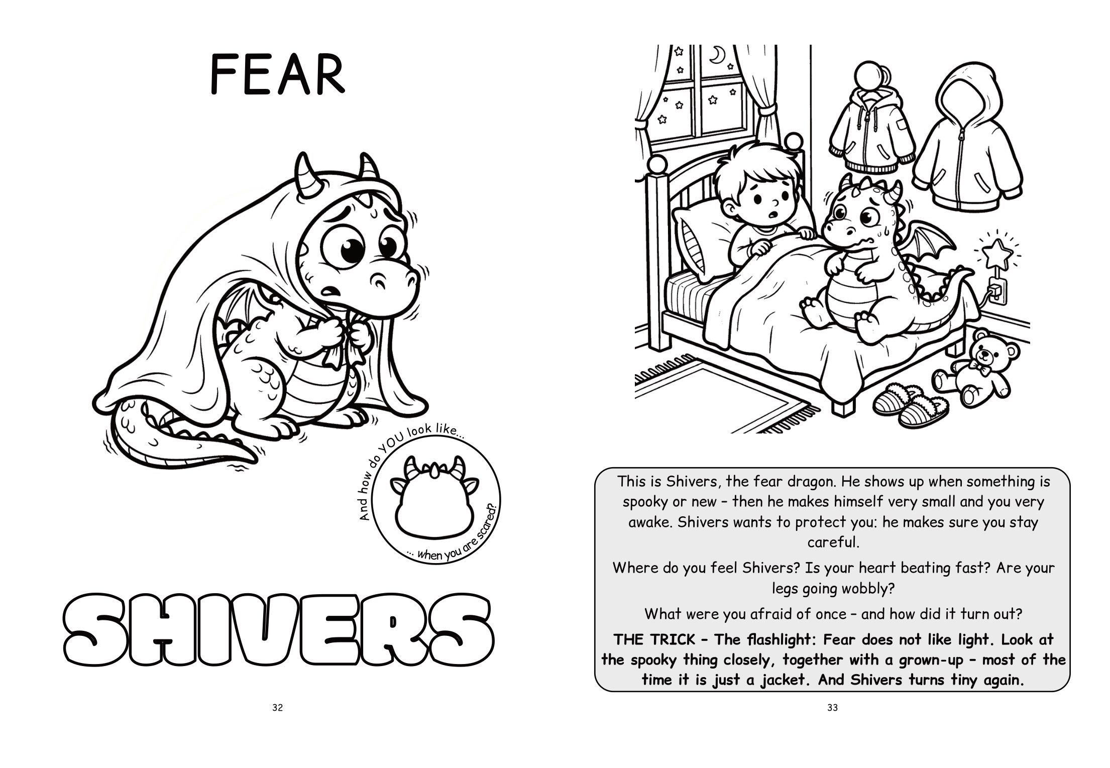 Fear double page: on the left Shivers the dragon, on the right a child in bed at night, with read-aloud text, questions and the Flashlight trick.