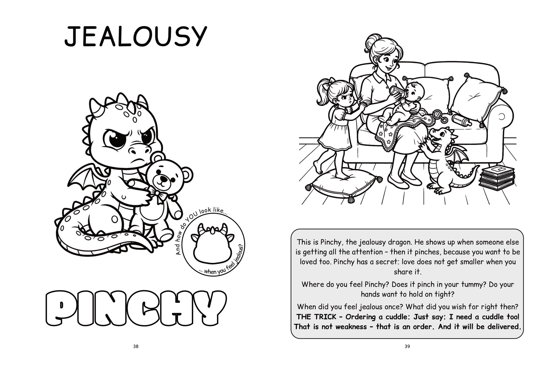 Jealousy double page: on the left Pinchy the dragon, on the right a family scene with read-aloud text, questions and the Ordering a cuddle trick.
