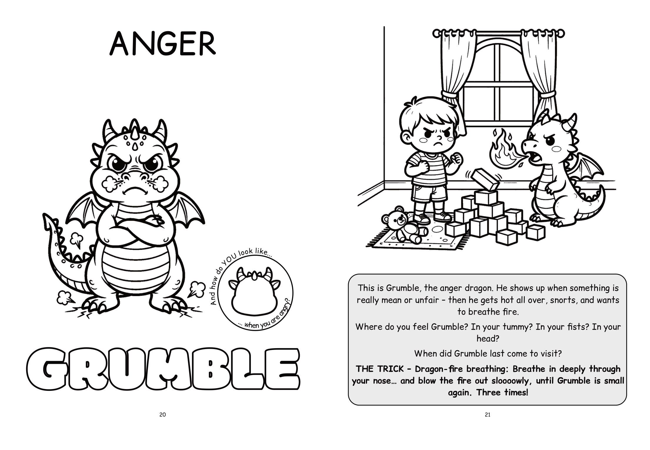 Anger double page: on the left Grumble the dragon with crossed arms, on the right a boy next to knocked-over blocks, with read-aloud text, questions and a breathing trick.