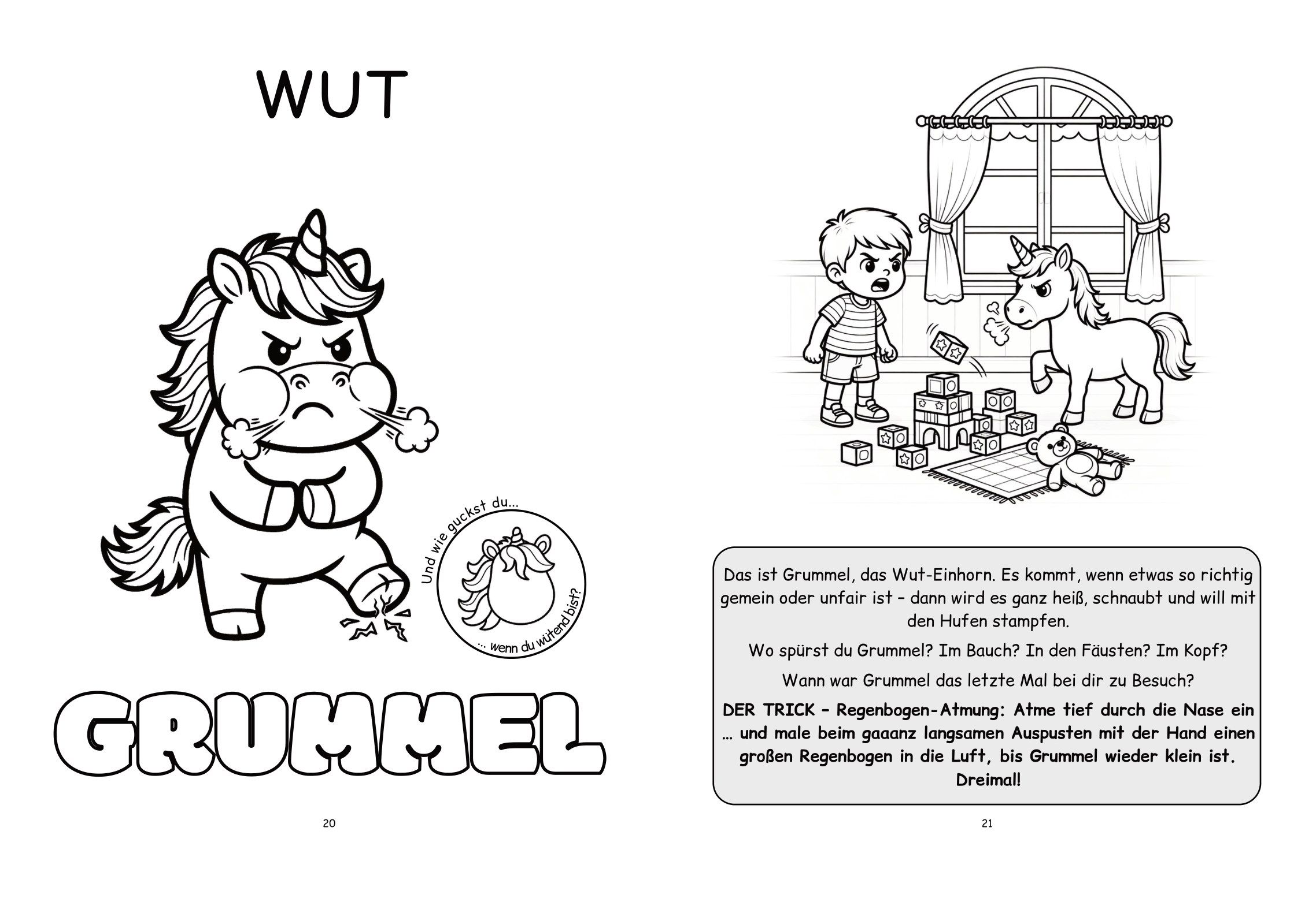 Doppelseite Wut: links das Einhorn Grummel mit verschränkten Armen, rechts ein Junge vor umgeworfenen Bauklötzen mit Vorlesetext, Fragen und dem Trick Regenbogen-Atmung.