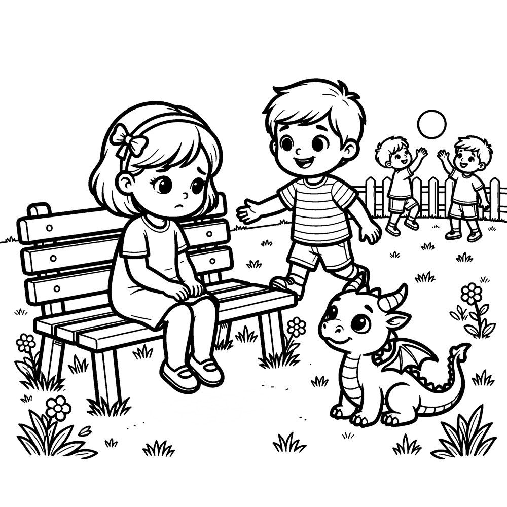 Ausmalbild aus dem Buch: die Alltagsszene zum Gefühl Einsamkeit mit Einsi.
