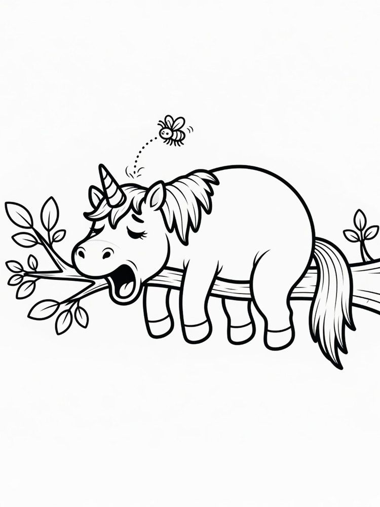 Ausmalbild: Gähni, das Einhorn für Langeweile.