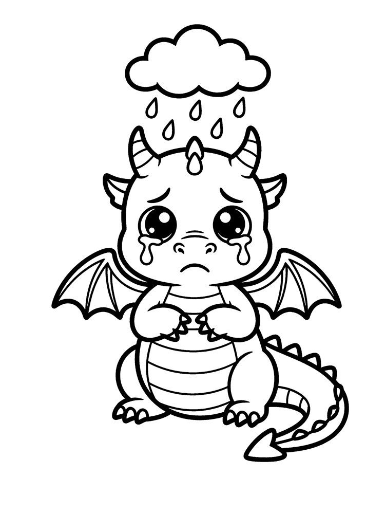 Ausmalbild: Tröpfel, der Drache für Traurigkeit.