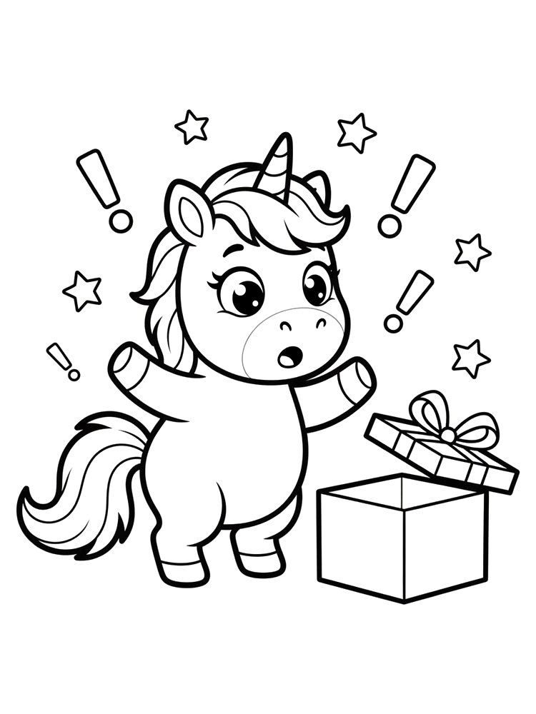 Ausmalbild: Plopp, das Einhorn für Überraschung.