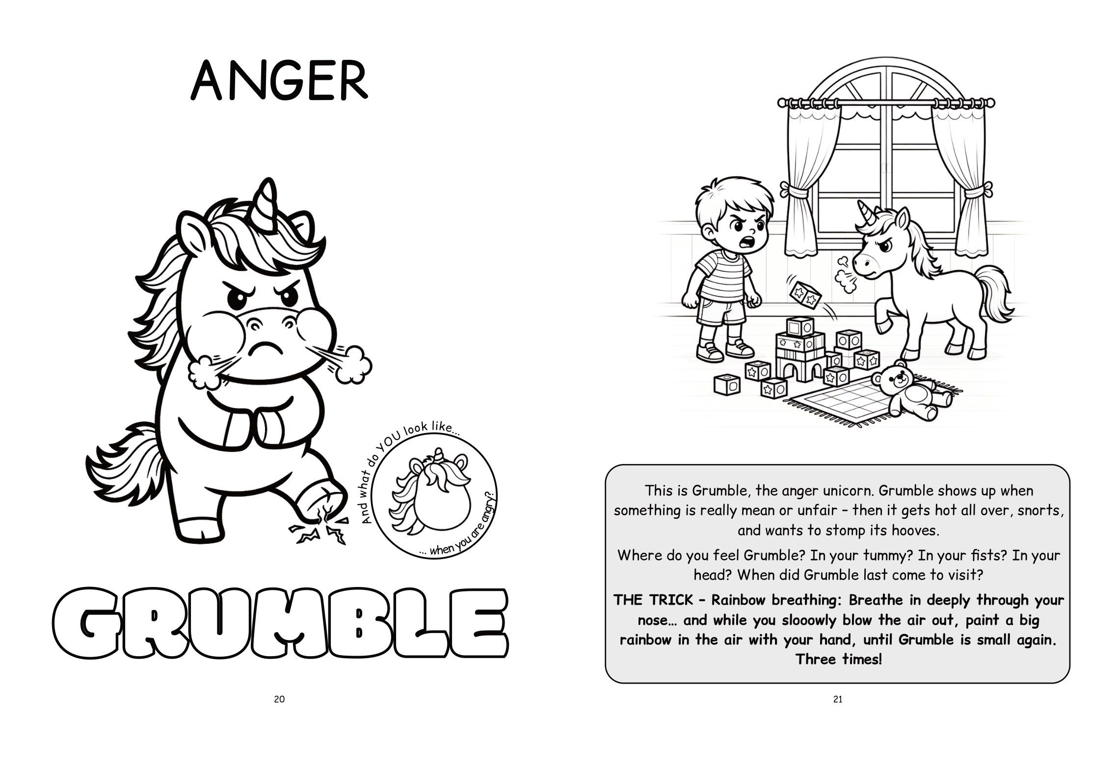 Anger double page: on the left Grumble the unicorn with crossed arms, on the right a boy next to knocked-over blocks, with read-aloud text, questions and the Rainbow breathing trick.